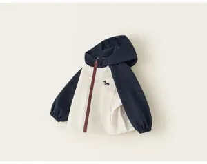 Kids colorblock hooded jacket with raglan sleeves and cute dog embroidery for girls detail view.