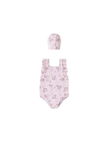 Traje de Baño de Una Pieza para Niñas Lindo Estampado Floral Ciervo Tirantes con Volantes con Gorro de Baño Verano Playa Bañador de Niños