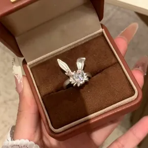 Bague oreille de lapin cœur en zircone argenté bijou animal mignon cadeau pour femmes