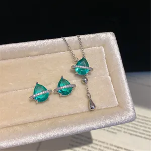 Blue aquamarine zircon teardrop necklace and earrings set, elegant light luxury jewelry.