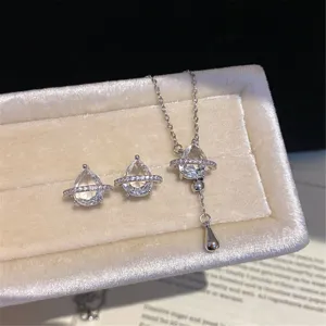 Exquisite silver tone zircon teardrop planet necklace and earrings jewelry set detail view.