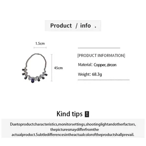 Detail view of the teardrop zircon necklace showing product dimensions, material and weight specs.