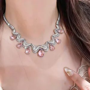 Silver wavy teardrop zirconia choker necklace, elegant sparkling clavicle chain for women.