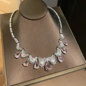 Silver-tone wave pink teardrop zircon choker necklace elegant luxury jewelry for women