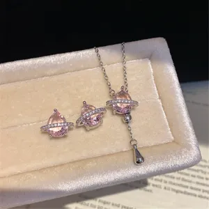 Pink Zirconia Saturn Orb Necklace Earrings Set Elegant Teardrop Tassel Jewelry Gift