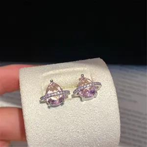 Exquisite pink cubic zirconia teardrop saturn stud earrings, elegant silver jewelry gift.