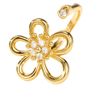 Gold open flower ring with sparkling zircon stones elegant fashion finger jewelry for women