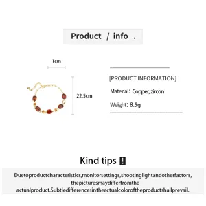 Elegant copper zircon flower bracelet with red oval stones, 22.5cm length, chic daily jewelry.