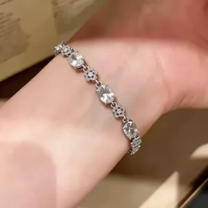 Chic 18k gold plated cubic zirconia oval and floral charm bracelet, elegant women jewelry.