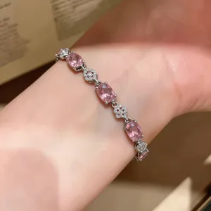 Elegant pink oval crystal and floral zircon silver bracelet for women light luxury jewelry
