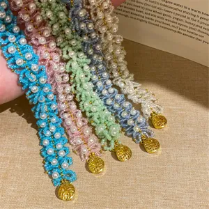 Elegante Brazalete Trenzado de Cuentas de Vidrio de Colores Capas Pulsera Moda Colgante Moneda Perla Artificial para Mujer