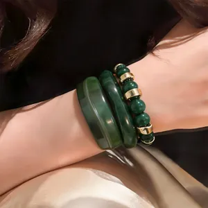 Dark green resin bangle bracelet set, vintage stackable chunky bracelets for women.