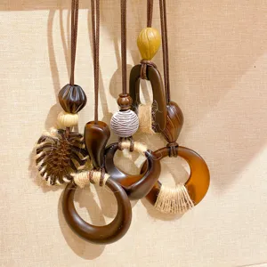 Collier Pendentif en Bois et Résine Vintage pour Femme Style Forêt Fait à la Main Géométrique Goutte d'Eau Feuille Collier Long Corde Cuir