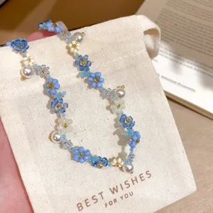 Handgemachte blaue Perlen Blumen Halskette süße Perlenkette Schmuck für Damen Alltag elegant.