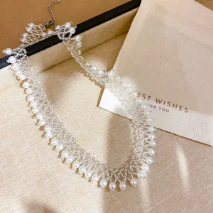Beaded pearl choker necklace, delicate woven hollow design for elegant vacation style.
