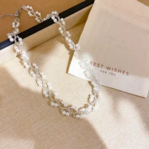 Detailed shot of multi-layer beaded pearl necklace with intricate woven design for women.