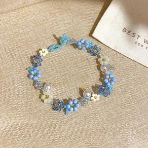 Blaue Perlen Blumen Halskette, handgemachte Perlenblume Choker Kette, süßer frischer Schmuck für Frauen