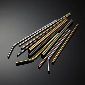 Stainless steel metal drinking straws set colorful straight bent reusable eco-friendly tableware.