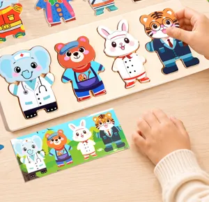 Wooden animal dressing puzzle toy detail, cute profession characters like doctor bear and rabbit.