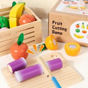 Wooden fruit cutting toy set for kids kitchen role play, educational early learning puzzle toys.