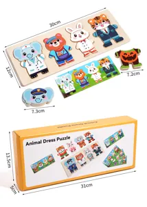 Wooden animal dress-up puzzle toy for kids, early educational brain training board game.