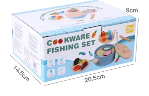 Wooden kitchen toy set for kids with fishing and cutting fun, perfect early learning gift.