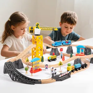 Wooden train track toy set with crane educational building blocks for kids boys and girls