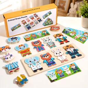 Kids Wooden Animal Dress Up Puzzle Educational Early Learning Toy Cartoon Bear Puzzle Board Game For Children