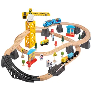 Wooden train track toy set with crane, vehicles, and building models for kids educational fun