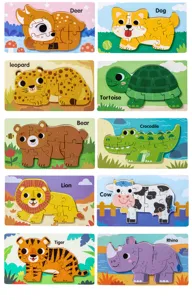 Wooden 3D animal jigsaw puzzle for kids early education cartoon board toy 10pcs set