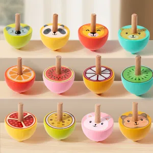 Wooden Fruit And Animal Spinning Top Set Children Educational Toys Manual Rotating Toy Gift