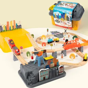 Set trenino di legno 80 pezzi gioco educativo puzzle traffico cittadino con scatola portaoggetti