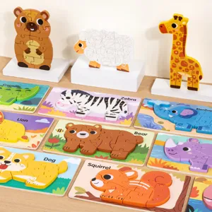 Wooden animal jigsaw puzzles for kids, early educational toys, colorful cartoon learning puzzles.