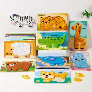 Wooden animal jigsaw puzzles for kids, early educational cartoon cognitive toy, 3D puzzle board.
