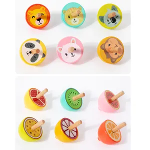 Wooden animal fruit spinning tops set, cute cartoon design educational toys for kids.