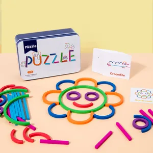 Kids wooden puzzle game set with creative colorful sticks and cards for early educational learning.