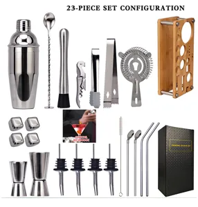 Set de 23 piezas coctelera de acero inoxidable con soporte de bambú para barra