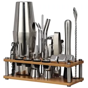 Set de coctelera de acero inoxidable de 23 piezas con soporte de bambú herramientas de bar