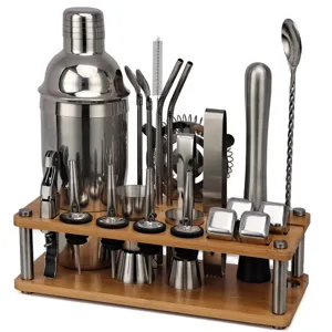 Juego de coctelera de acero inoxidable de 23 piezas accesorios de bar con soporte de madera