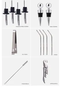 Ensemble d'outils de bar à cocktail en acier inoxydable comprenant verseur, bouchon et pince.