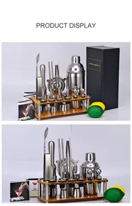 Kit shaker à cocktail en acier inoxydable avec support acrylique bambou, set de barman de 20 pièces.