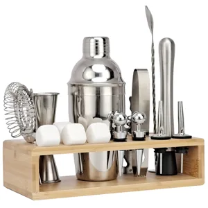 Edelstahl Cocktail Shaker Set mit Holzständer professionelles Barwerkzeug Bartender Set
