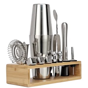 Edelstahl Cocktail Shaker Set Professionelles Barkeeper Kit Mit Bambus Ständer Bar Werkzeug Zubehör Für Zuhause Bar Party