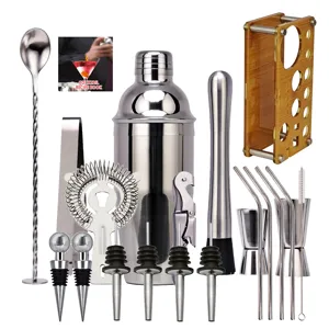 Kit de shaker à cocktail en acier inoxydable 20 pcs ensemble d'outils de bar avec support