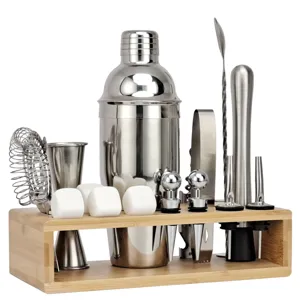 Edelstahl Cocktail Shaker Set Barista Bar Set mit Holzständer Profi Bartender Zubehör