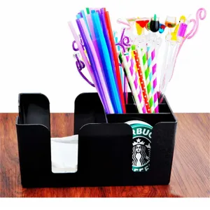 Zwarte kunststof bar organisator voor rietjes, servetten en roerstaafjes handig in gebruik.