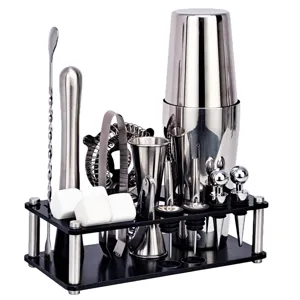 Roestvrijstalen cocktailshaker set met zwarte acryl standaard bar gereedschap