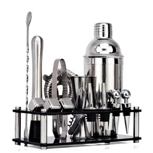 Roestvrijstalen cocktailshaker set met zwart acryl standaard voor bar en thuisfeesten
