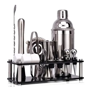 Roestvrijstalen cocktailshaker set met zwarte acryl standaard bar gereedschapset!