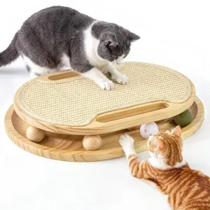 Wooden Cat Scratcher Toy Cat Turntable Track Interactive Pet Toy With Sisal Mat And Rolling Balls For Indoor Cats